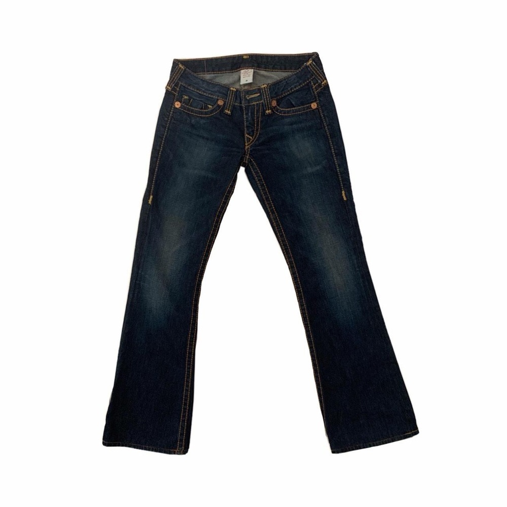 true religion low rise dark wash straight legged denim jeans